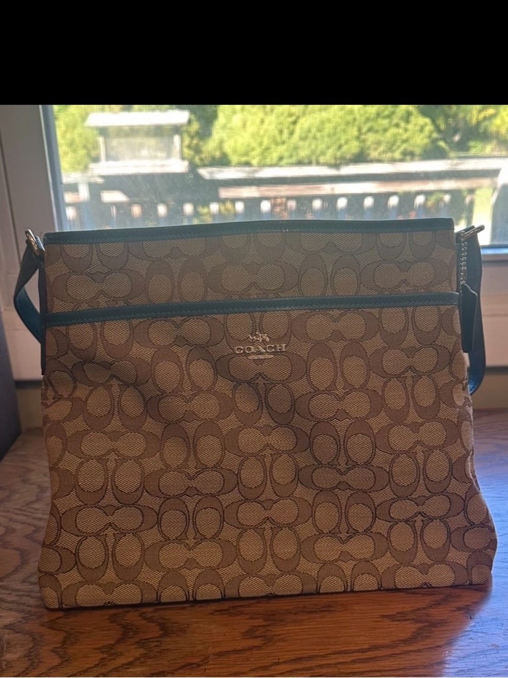 EUC Coach Signature File Crossbody bag in a class khaki/brown with monogram prin